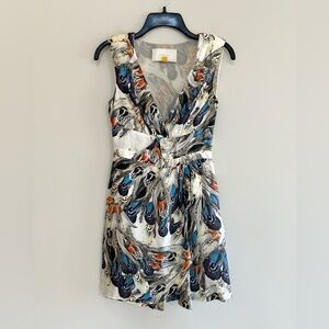 Anthropologie x Liefsdottir Floating Feathers Print Silk Dress, Blue/Cream, 0